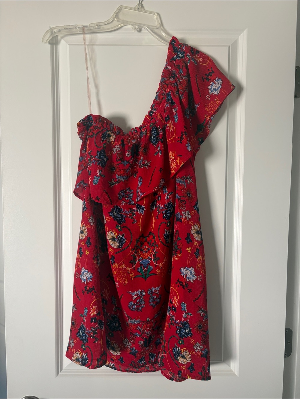 One-Shoulder Red Floral Dress